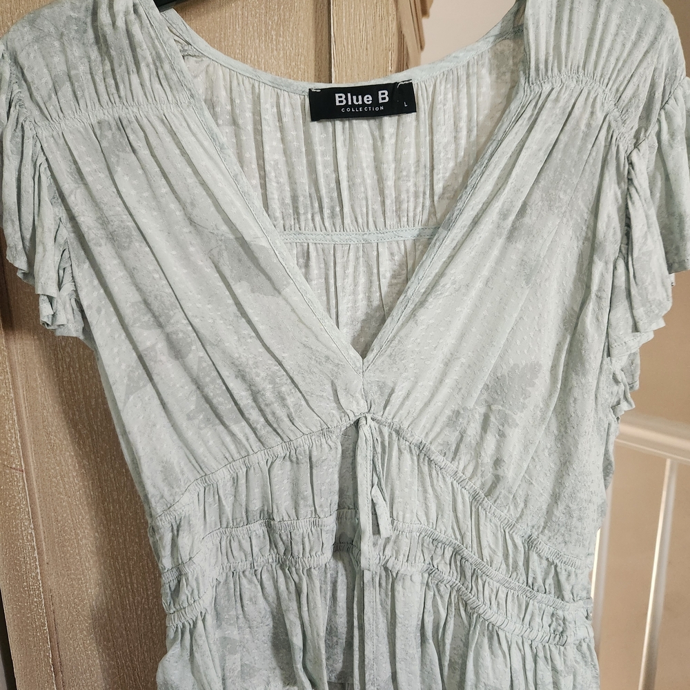 Light Green Flutter Sleeve Smocked Blouse